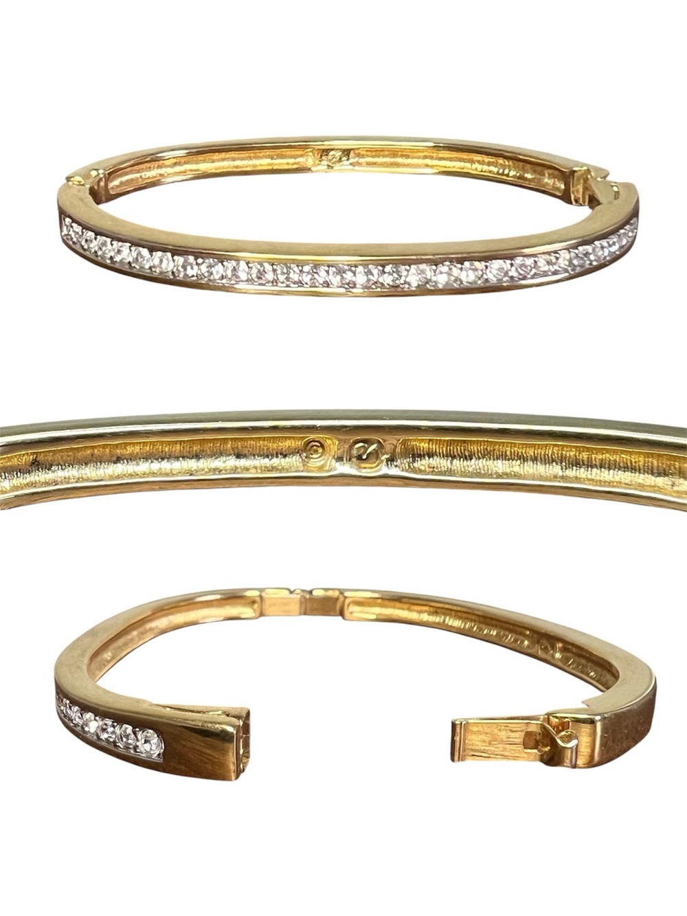 Swarovski • Vintage Gold Tone Pave Crystal Hinged Bangle Bracelet Swan Logo 6.5”